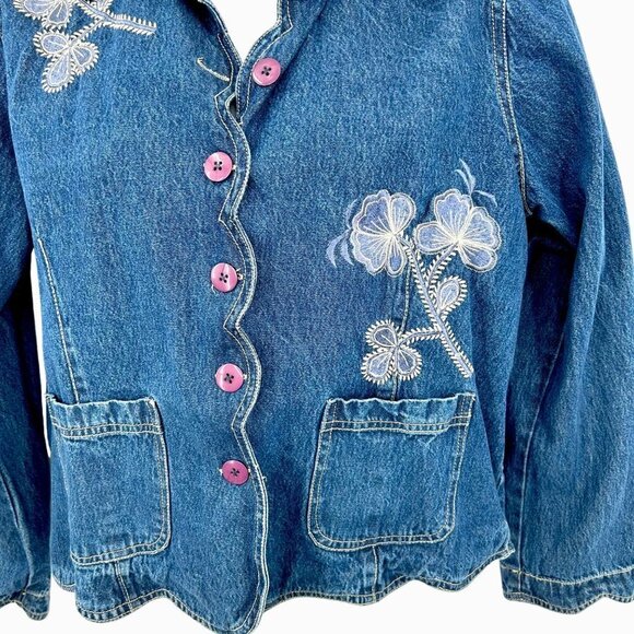 VTG KEREN HART SCALLOPED EDGE EMBROIDERED FLORAL BLUE DENIM JEAN JACKET - L - Picture 3 of 6